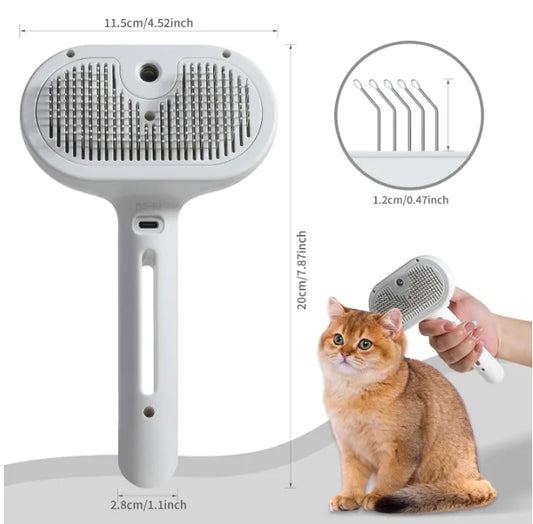 Pet grooming brush with measurements and a cat being groomed.